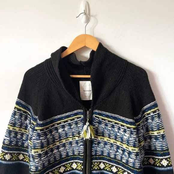 Anthropologie Sparrow Batley Fairisle Black Multi Cardigan Sweater Coat Medium - Picture 5 of 8